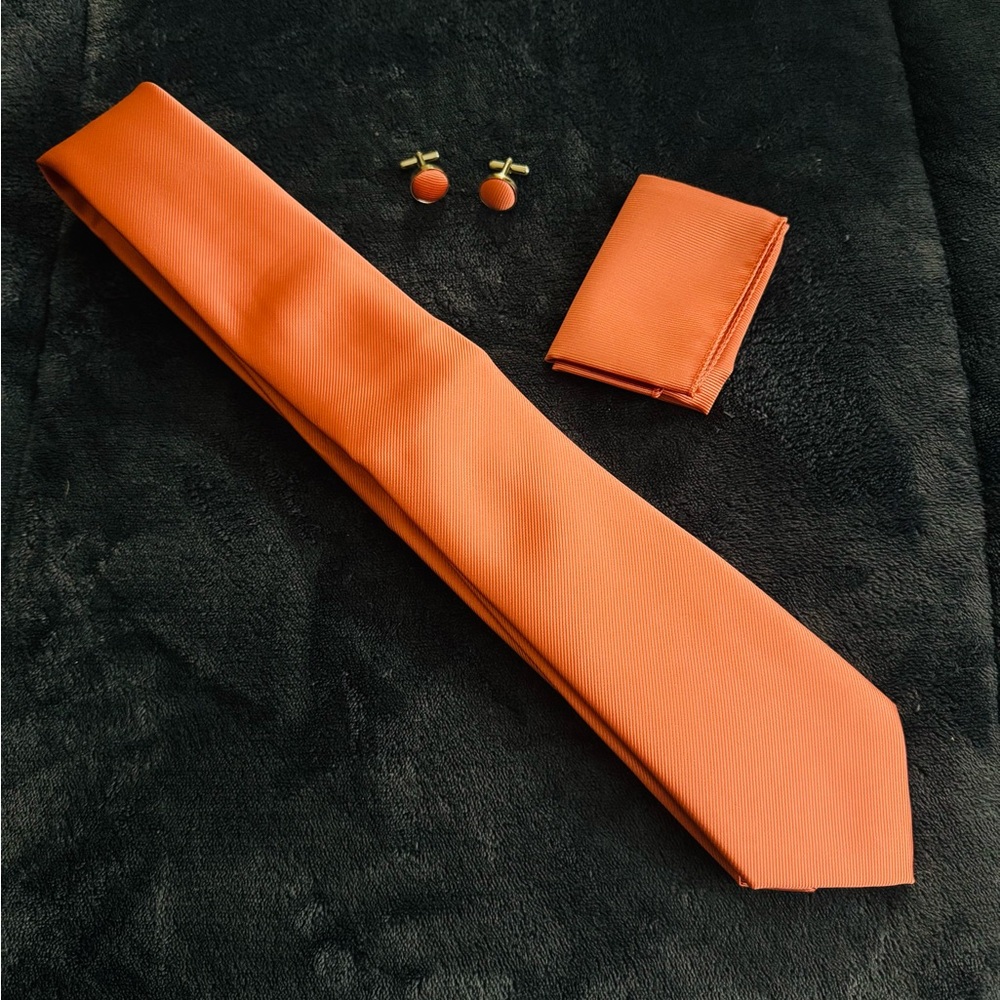 Men's Coral Tie Set with Matching Pocket Square and Cufflinks